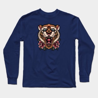 Retro Tiger Head Illustration with Roses Long Sleeve T-Shirt